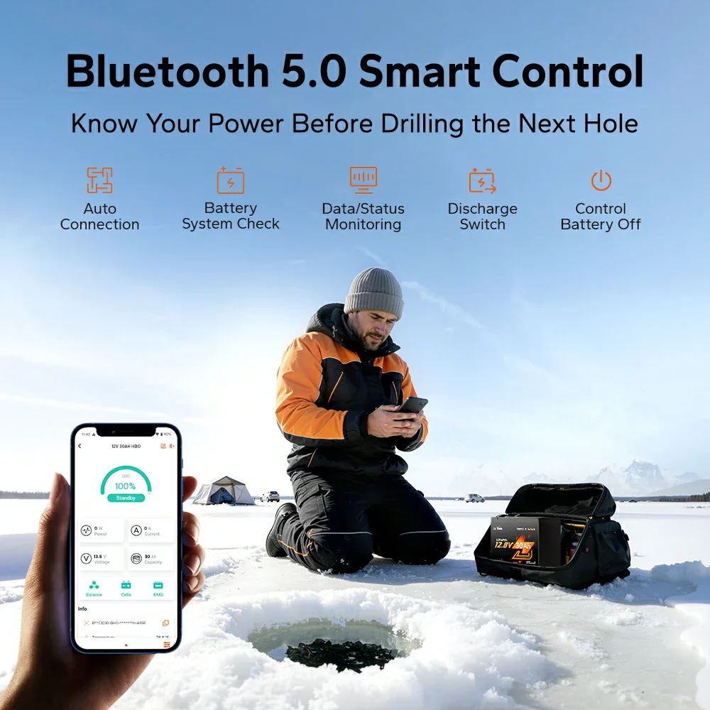 LiTime 12V 30Ah Ice Fishing & Portable Lithium Battery with Bluetooth & Self-Heating - Image 5