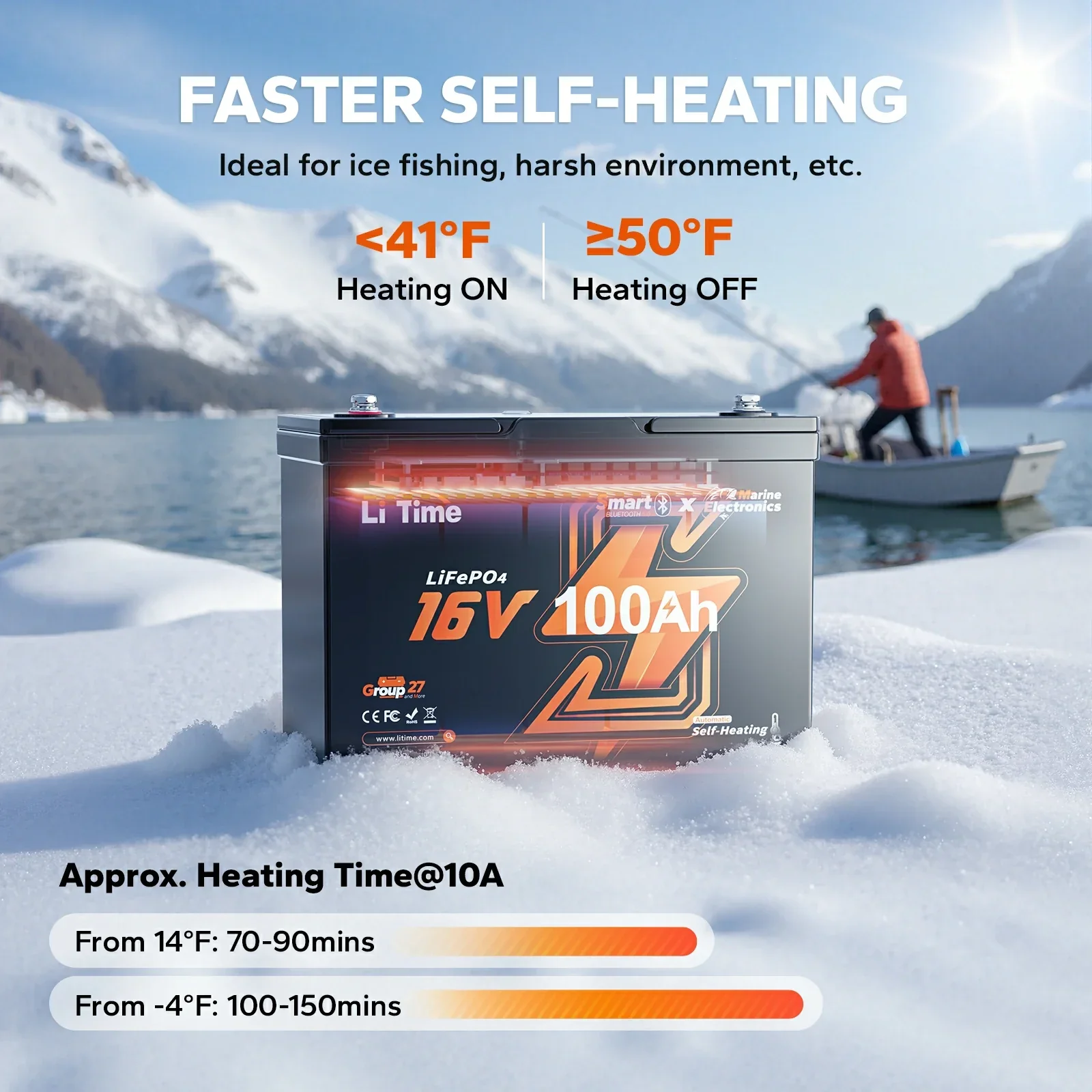 LiTime 16V 100Ah Fish Finder Lithium Battery with Bluetooth, Self-heating - Image 6
