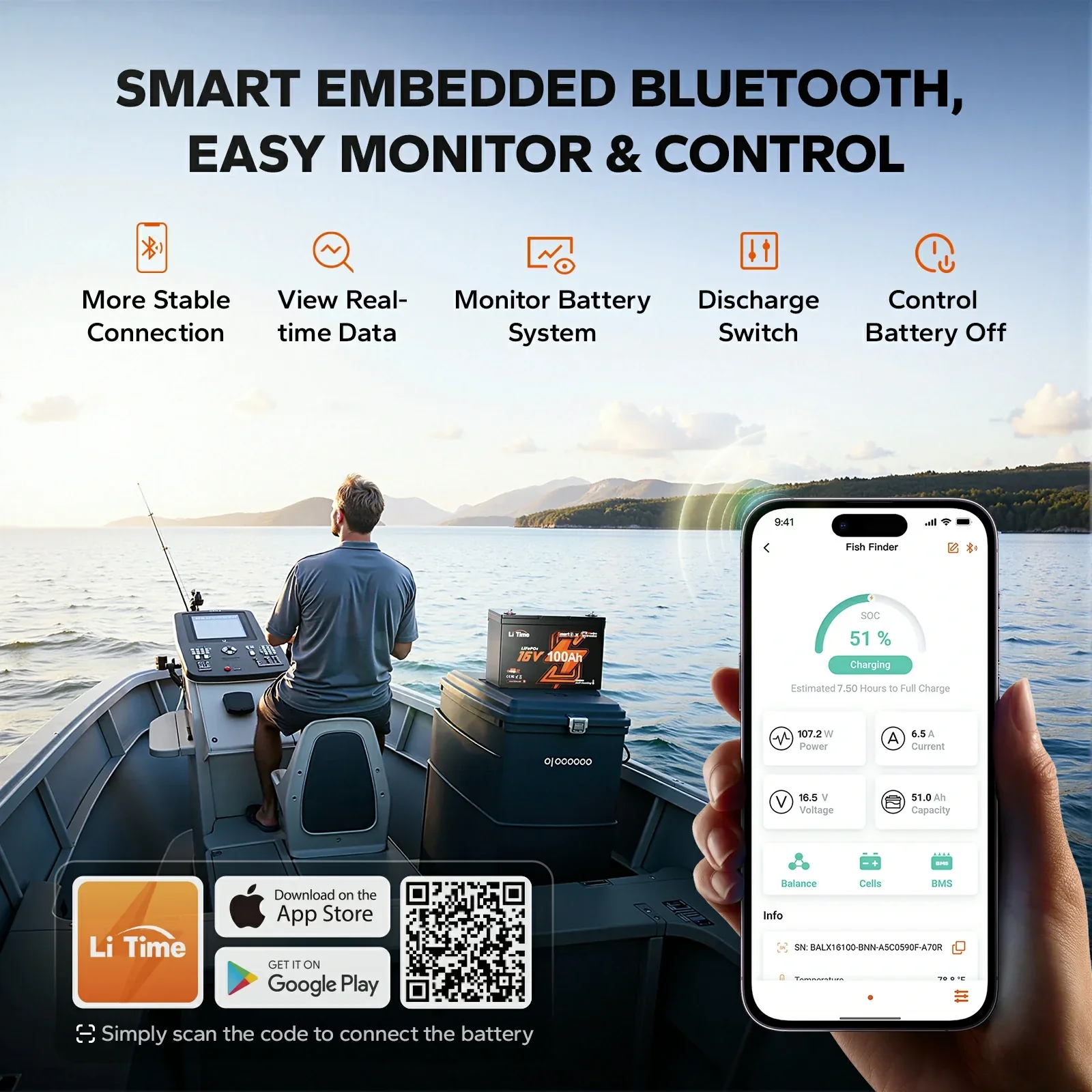 LiTime 16V 100Ah Fish Finder Lithium Battery with Bluetooth, Self-heating - Image 7